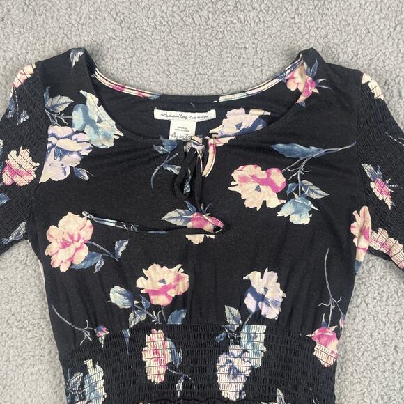 American Rag Women's Small Black Flower Rayon Spandex Long Sleeve Blouse - Picture 2 of 12